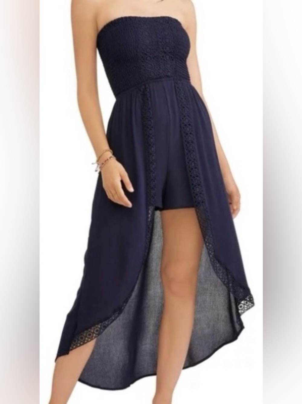 NWOT No Boundaries Navy Strapless Crochet-Trim One Piece Romper Dress